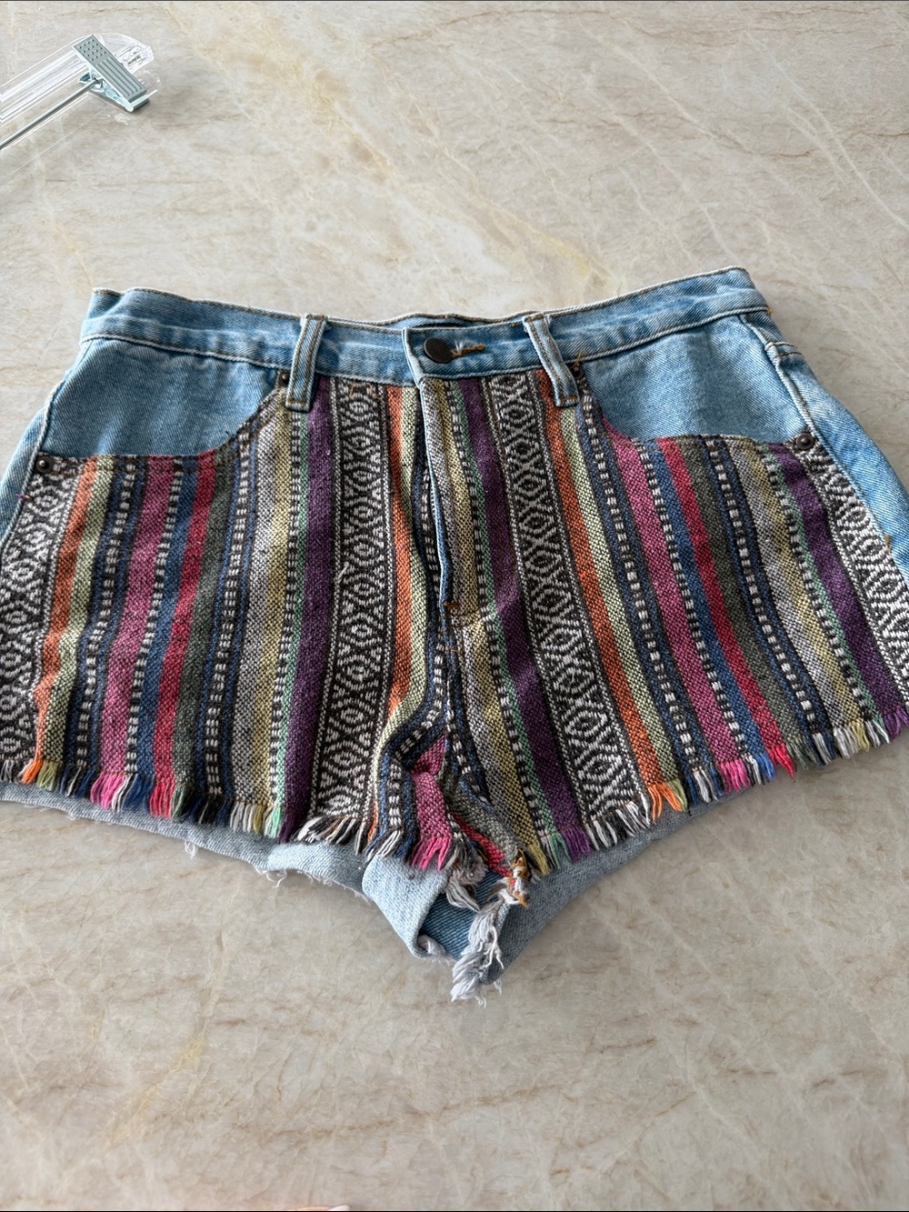 Bohemian Striped Patch Denim Shorts - Multicolor